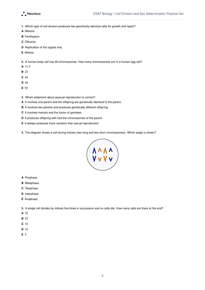 Page 3 of the question paper for ESAT Biology: Cell division and sex determination: the first questions, laid out as in the real test.