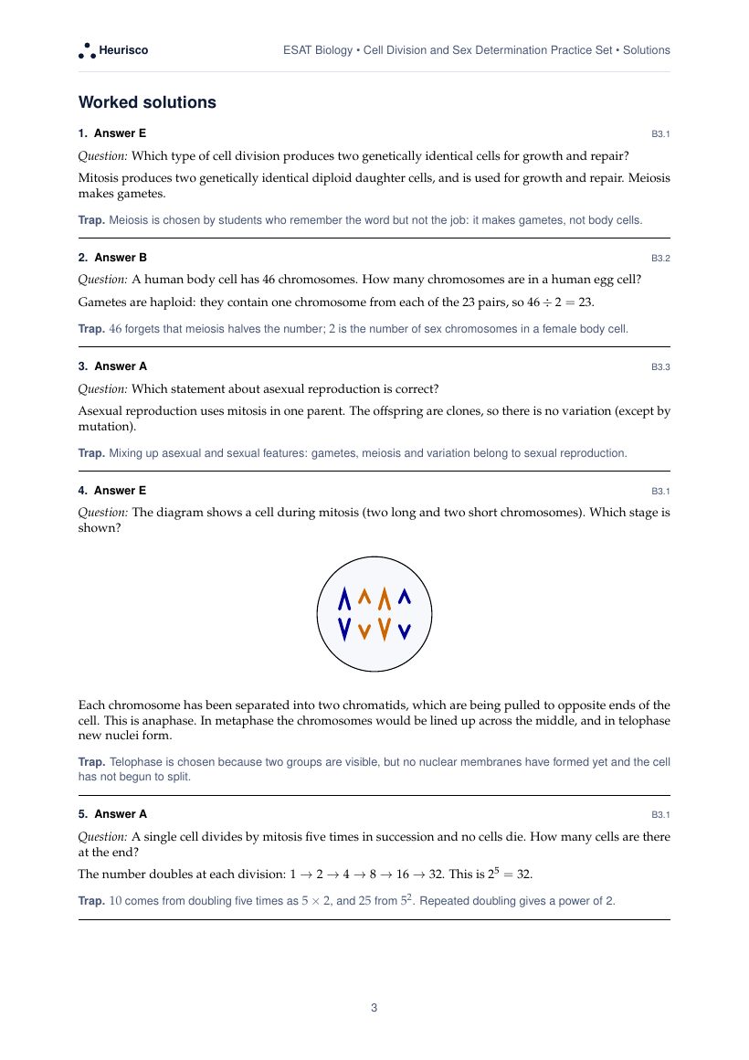 Page 3 of the worked solutions for ESAT Biology: Cell division and sex determination: the answer, a step-by-step solution and the trap for each question.