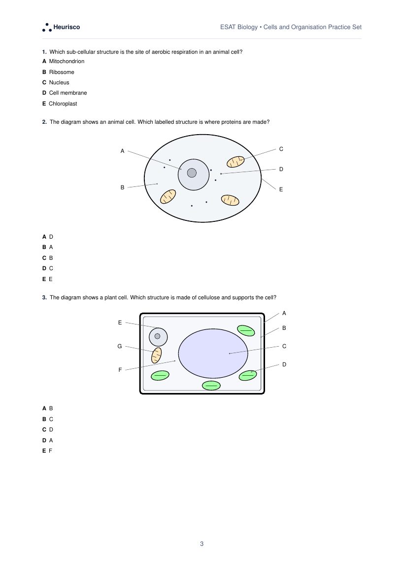 Page 3 of the question paper for ESAT Biology: Cells and organisation: the first questions, laid out as in the real test.