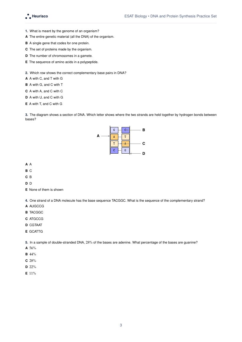 Page 3 of the question paper for ESAT Biology: DNA and protein synthesis: the first questions, laid out as in the real test.