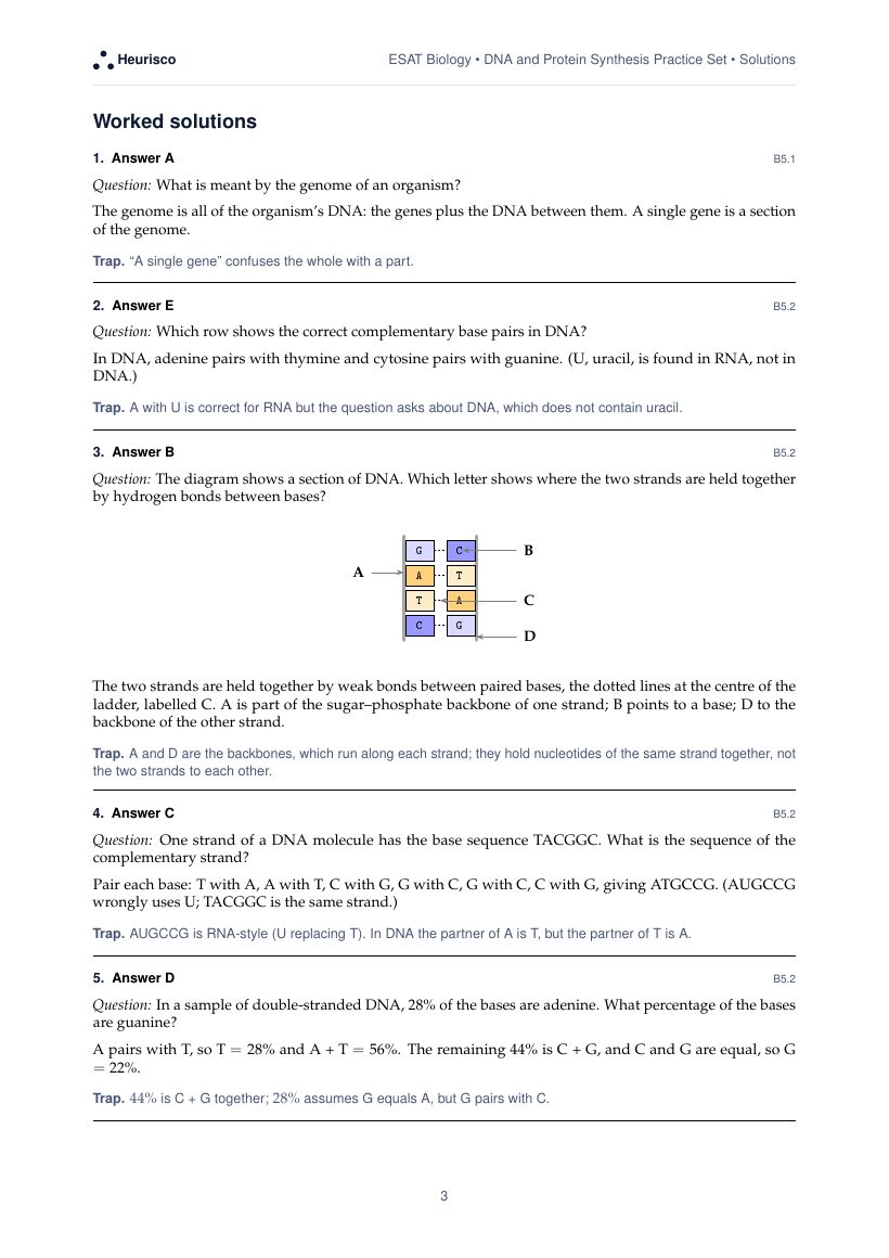 Page 3 of the worked solutions for ESAT Biology: DNA and protein synthesis: the answer, a step-by-step solution and the trap for each question.