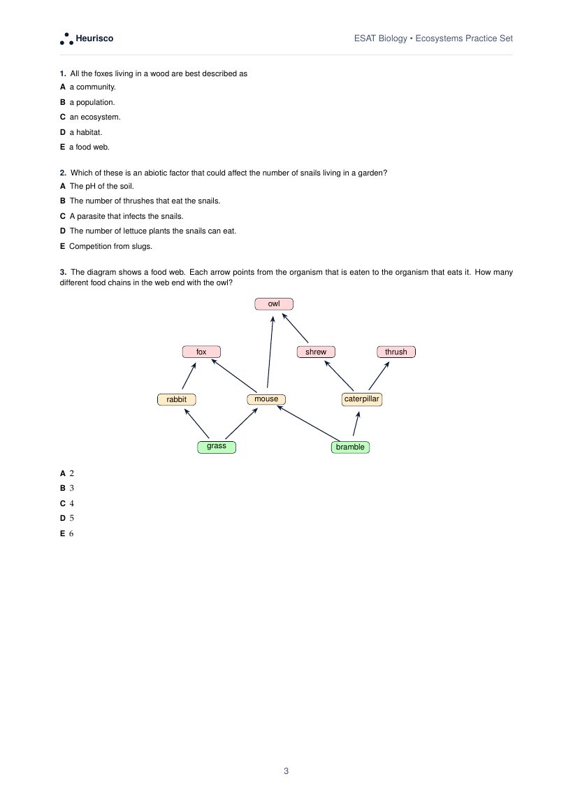 Page 3 of the question paper for ESAT Biology: Ecosystems: the first questions, laid out as in the real test.