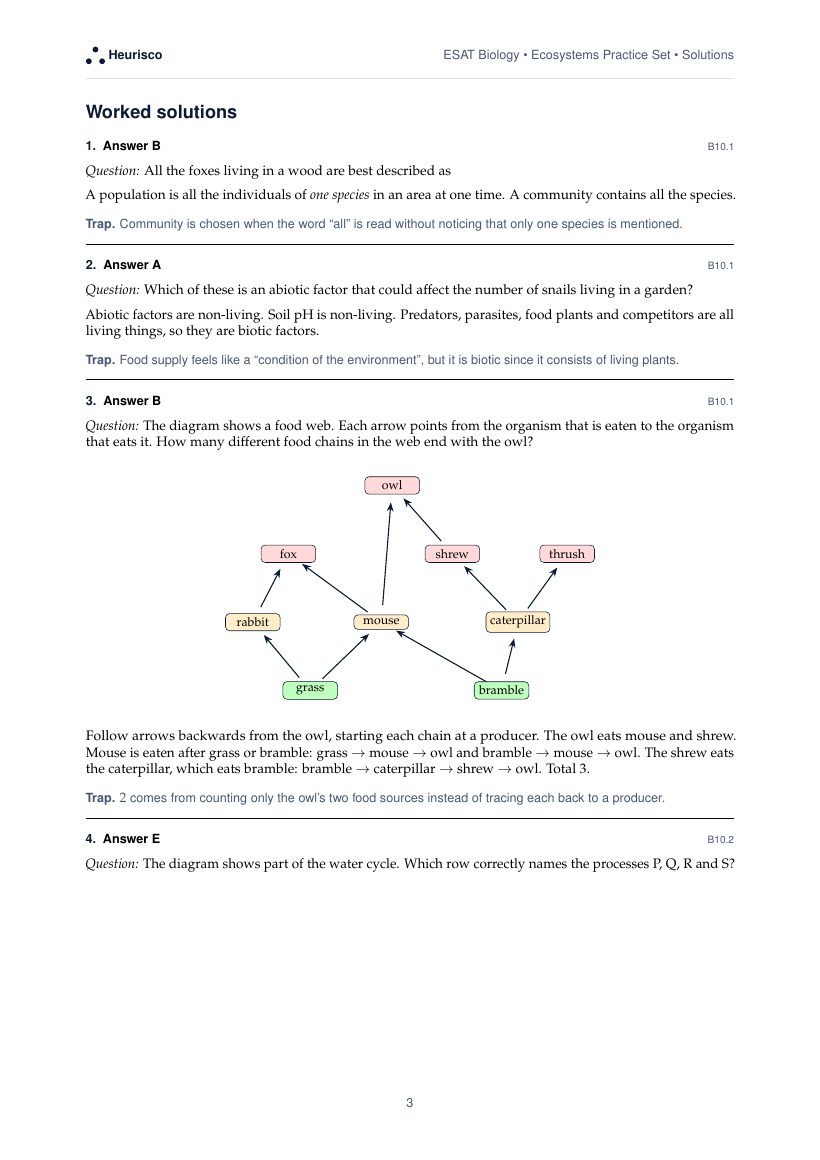Page 3 of the worked solutions for ESAT Biology: Ecosystems: the answer, a step-by-step solution and the trap for each question.