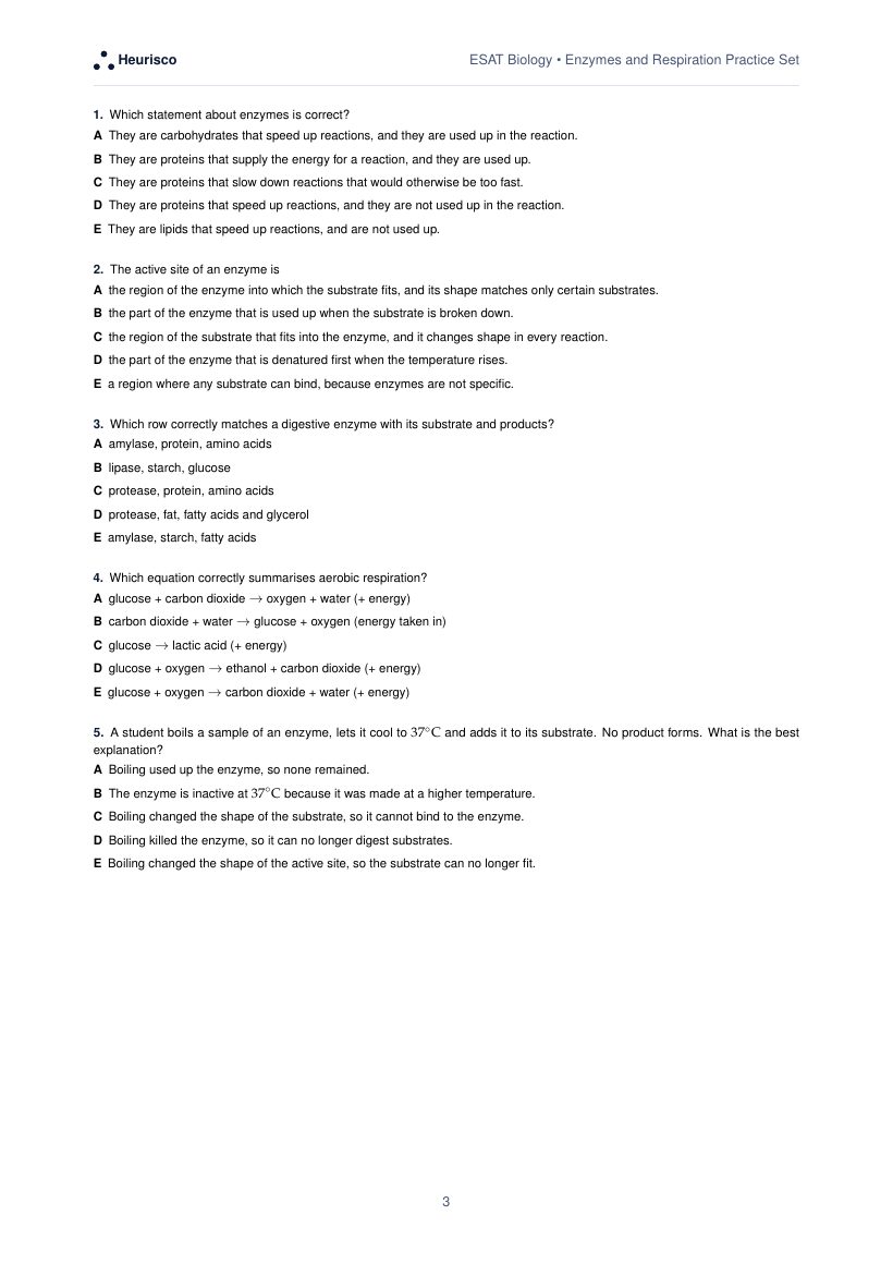 Page 3 of the question paper for ESAT Biology: Enzymes and respiration: the first questions, laid out as in the real test.