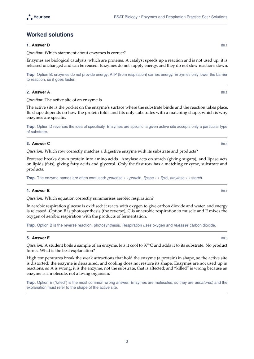 Page 3 of the worked solutions for ESAT Biology: Enzymes and respiration: the answer, a step-by-step solution and the trap for each question.