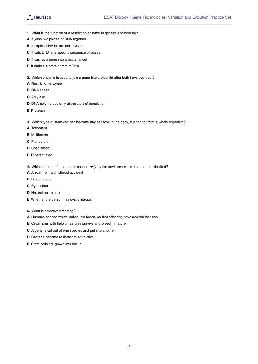 Page 3 of the question paper for ESAT Biology: Gene technologies, variation and evolution: the first questions, laid out as in the real test.