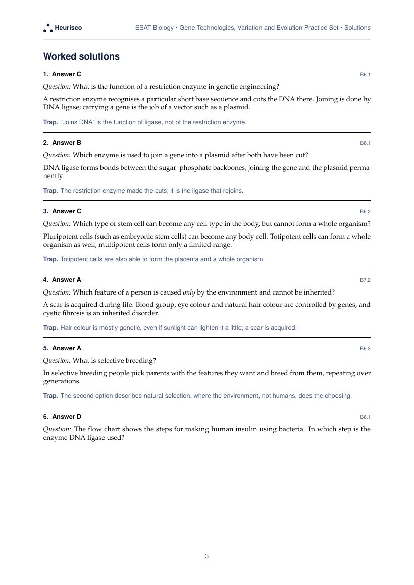Page 3 of the worked solutions for ESAT Biology: Gene technologies, variation and evolution: the answer, a step-by-step solution and the trap for each question.