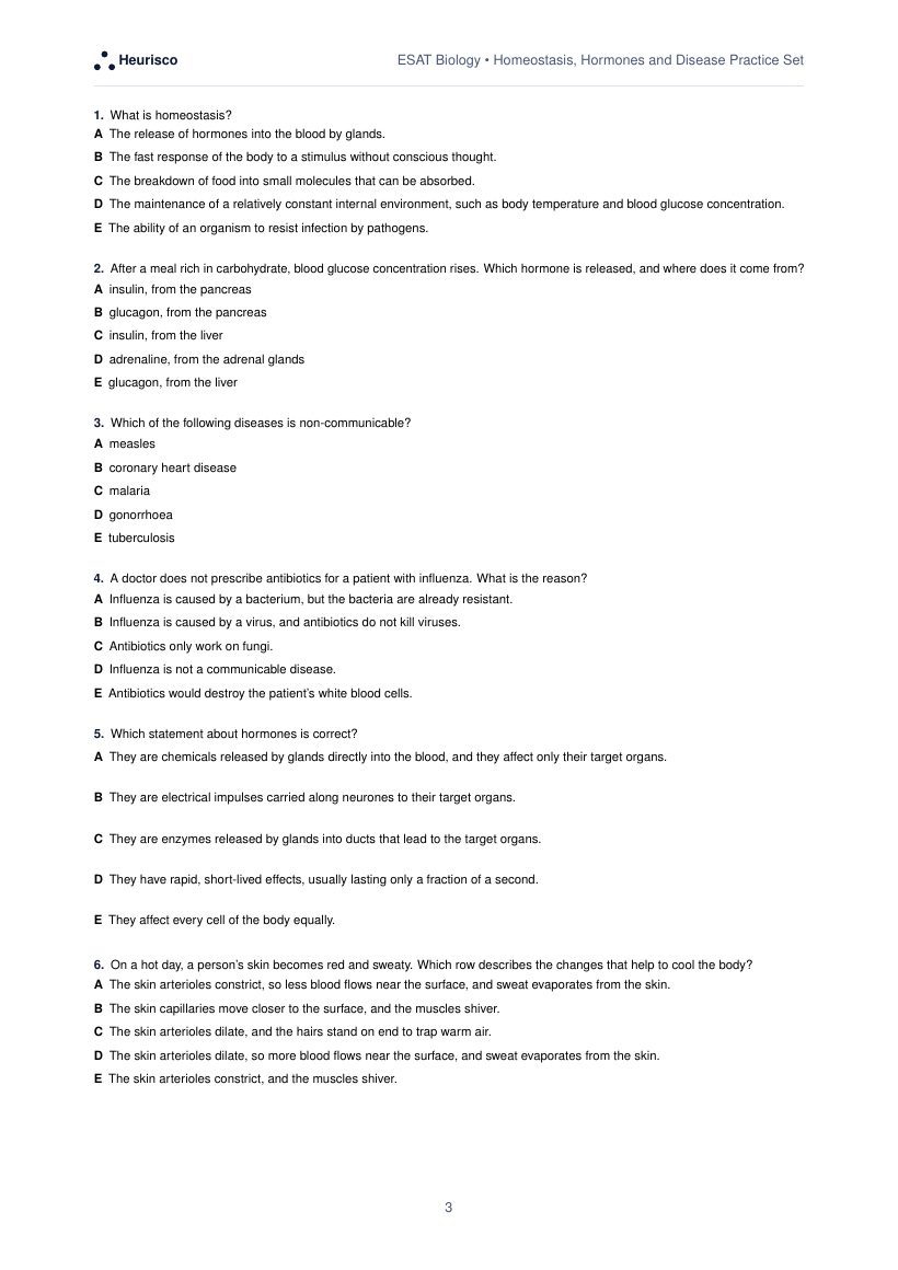 Page 3 of the question paper for ESAT Biology: Homeostasis, hormones and disease: the first questions, laid out as in the real test.