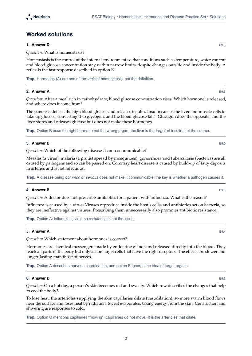Page 3 of the worked solutions for ESAT Biology: Homeostasis, hormones and disease: the answer, a step-by-step solution and the trap for each question.