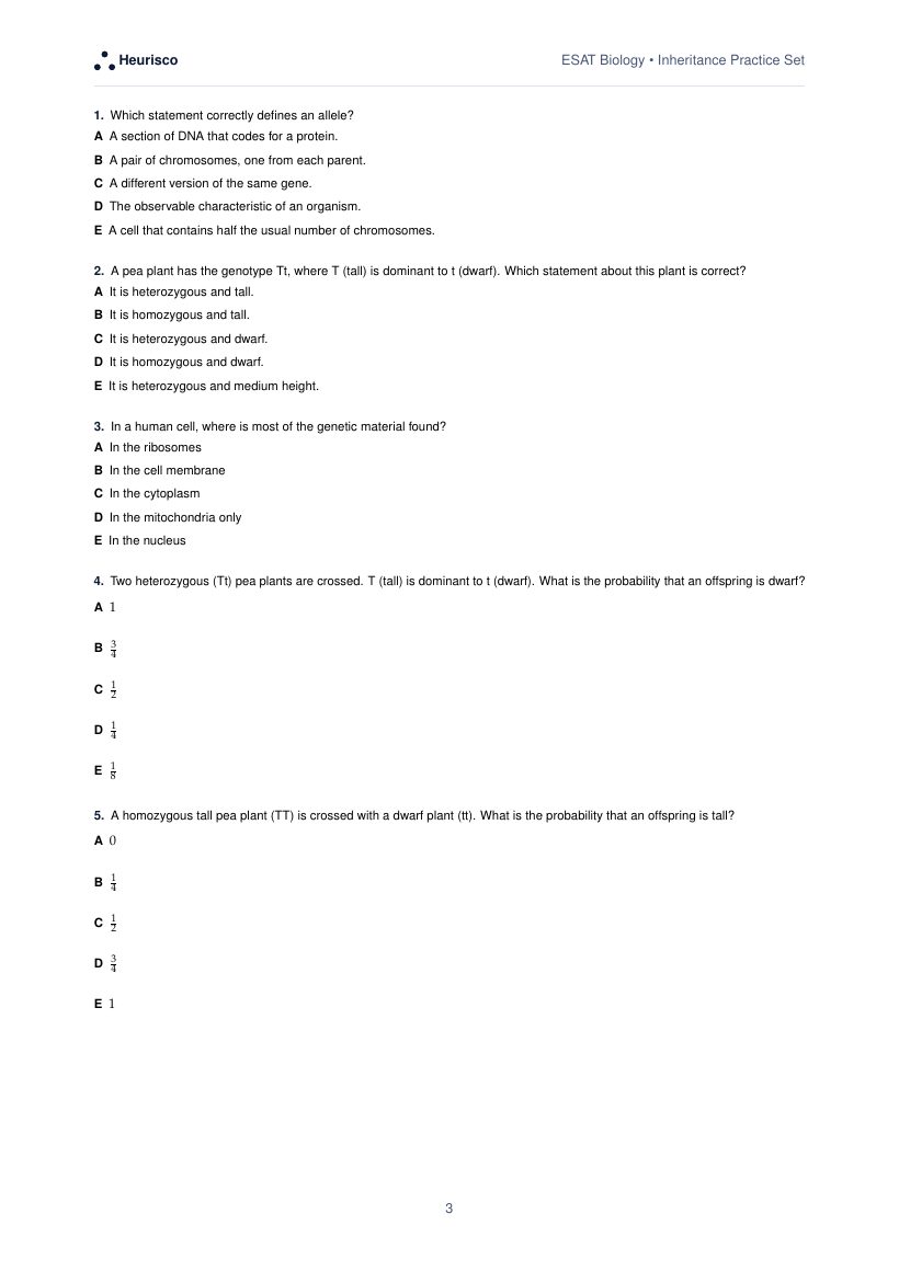 Page 3 of the question paper for ESAT Biology: Inheritance: the first questions, laid out as in the real test.