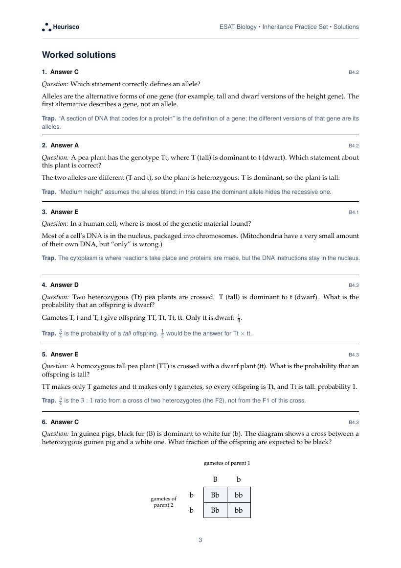 Page 3 of the worked solutions for ESAT Biology: Inheritance: the answer, a step-by-step solution and the trap for each question.