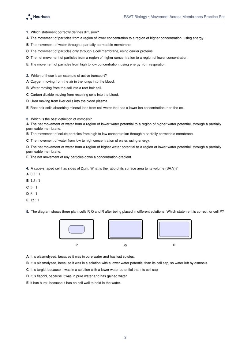 Page 3 of the question paper for ESAT Biology: Movement across membranes: the first questions, laid out as in the real test.