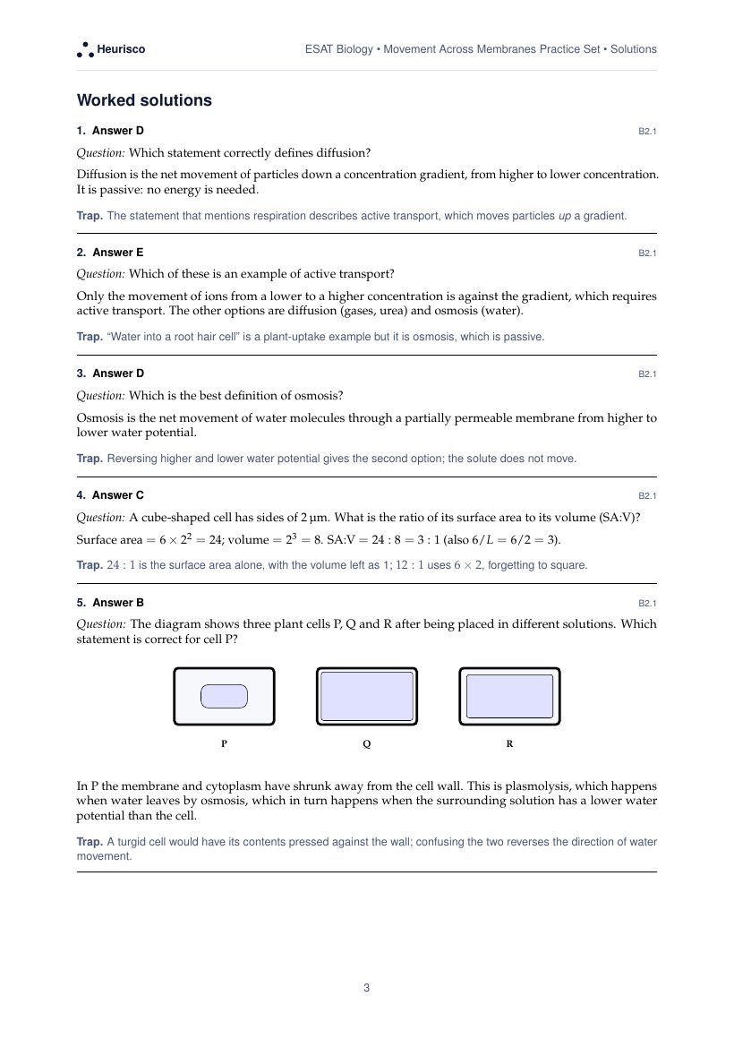 Page 3 of the worked solutions for ESAT Biology: Movement across membranes: the answer, a step-by-step solution and the trap for each question.