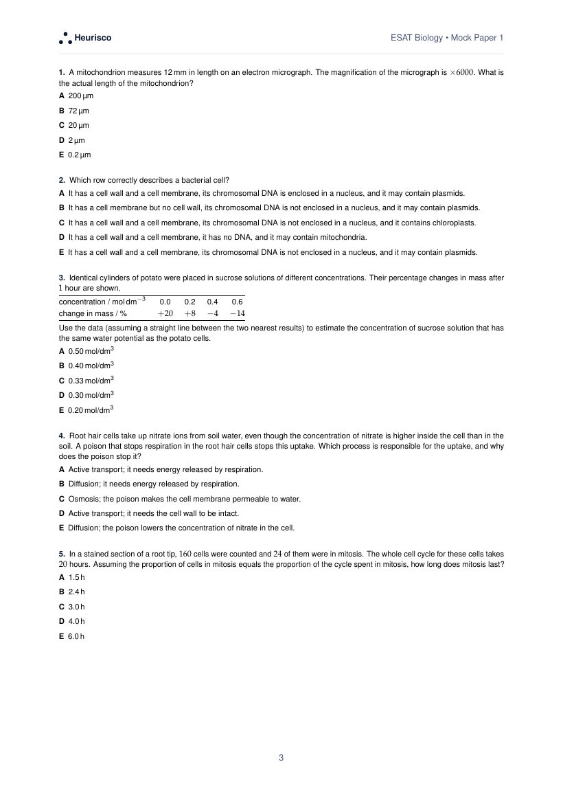 Page 3 of the question paper for ESAT Biology: Mock Paper 1: the first questions, laid out as in the real test.