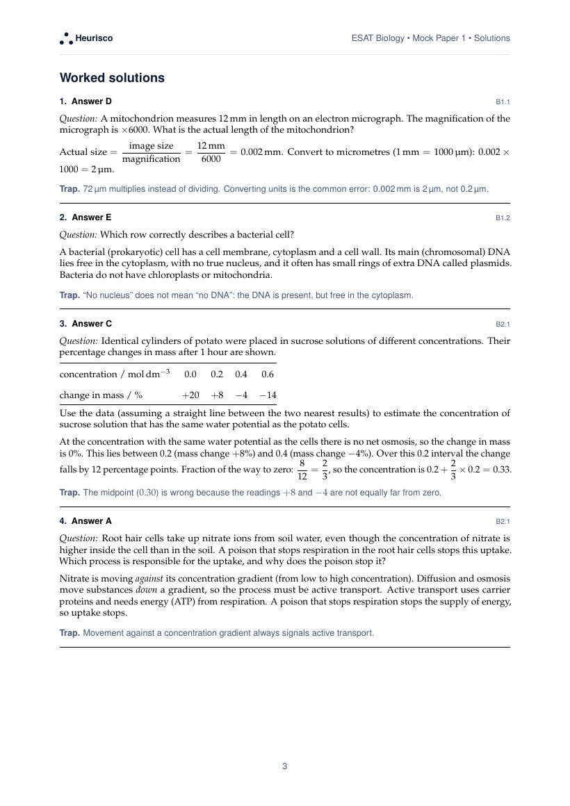 Page 3 of the worked solutions for ESAT Biology: Mock Paper 1: the answer, a step-by-step solution and the trap for each question.