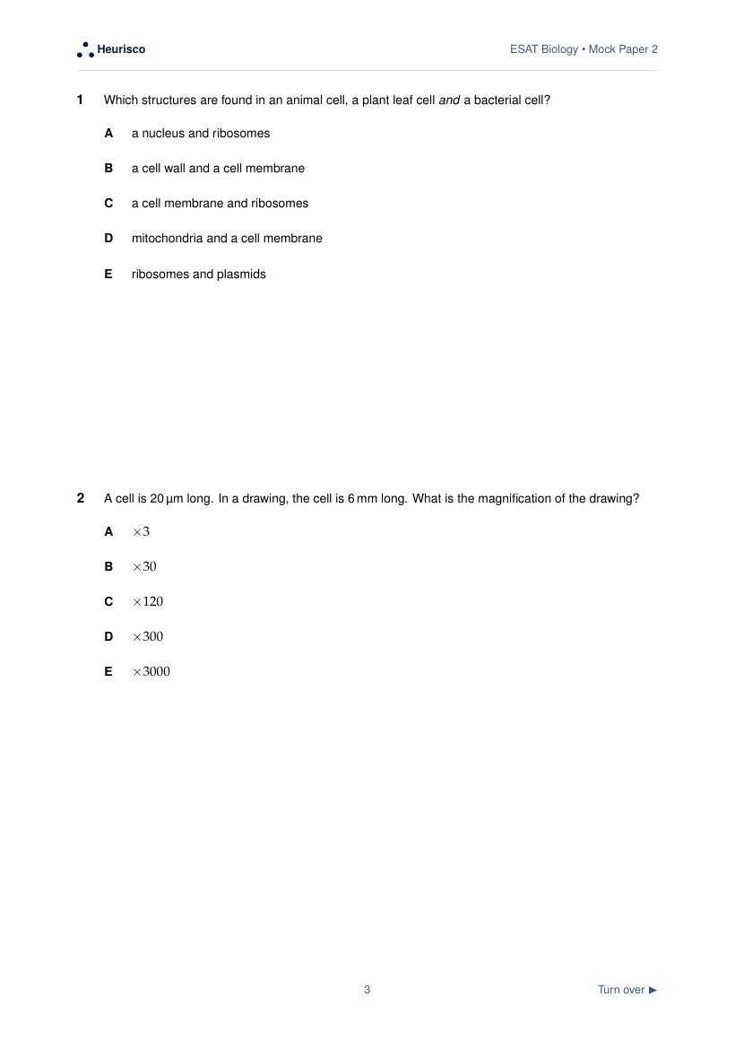 Page 3 of the question paper for ESAT Biology: Mock Exam 2: the first questions, laid out as in the real test.