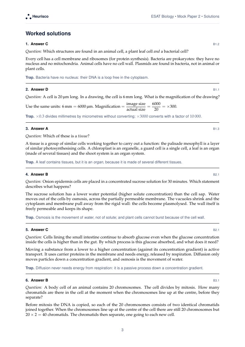 Page 3 of the worked solutions for ESAT Biology: Mock Exam 2: the answer, a step-by-step solution and the trap for each question.