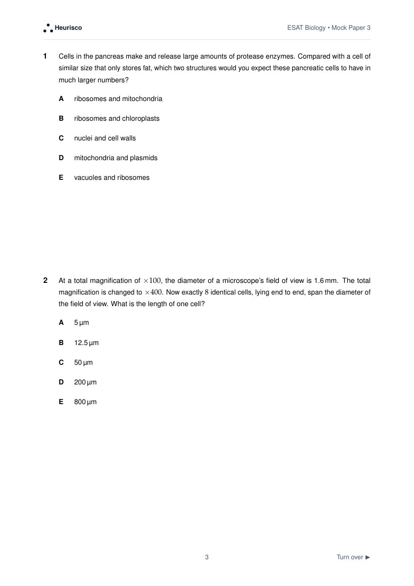 Page 3 of the question paper for ESAT Biology: Mock Exam 3: the first questions, laid out as in the real test.