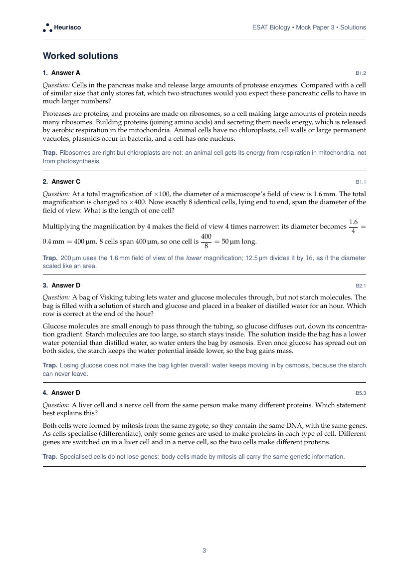Page 3 of the worked solutions for ESAT Biology: Mock Exam 3: the answer, a step-by-step solution and the trap for each question.