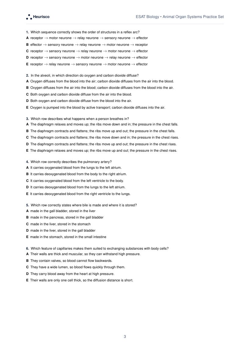 Page 3 of the question paper for ESAT Biology: Animal organ systems: the first questions, laid out as in the real test.