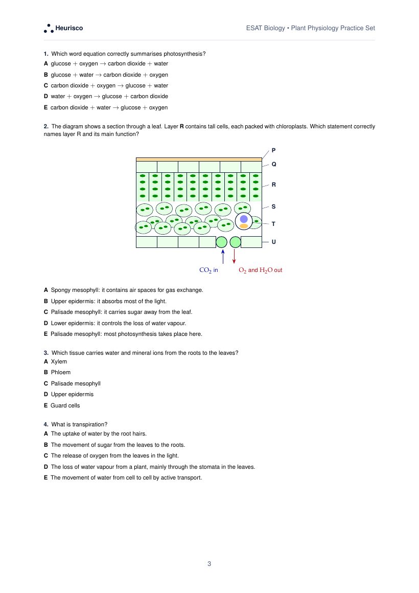 Page 3 of the question paper for ESAT Biology: Plant physiology: the first questions, laid out as in the real test.