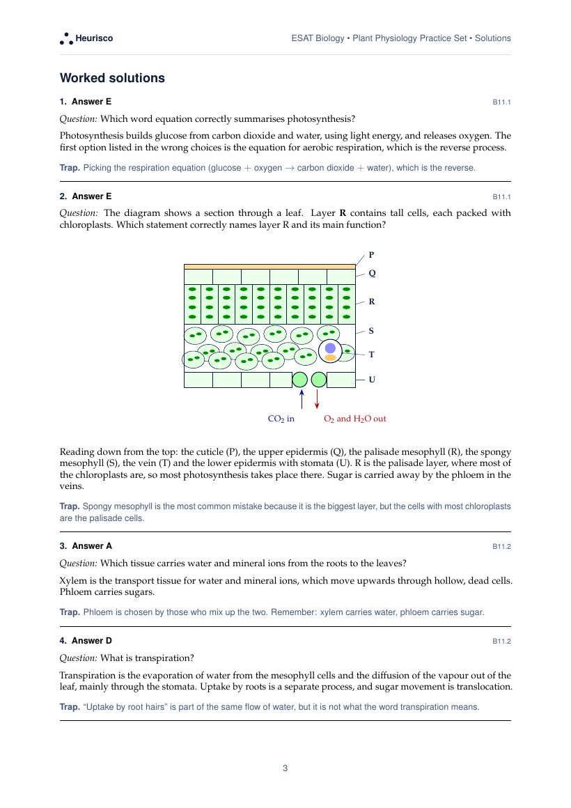 Page 3 of the worked solutions for ESAT Biology: Plant physiology: the answer, a step-by-step solution and the trap for each question.