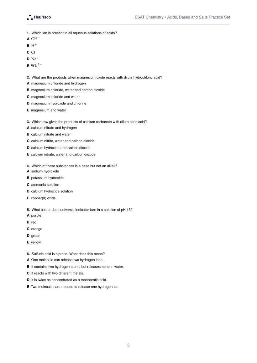 Page 3 of the question paper for ESAT Chemistry: Acids, bases and salts: the first questions, laid out as in the real test.