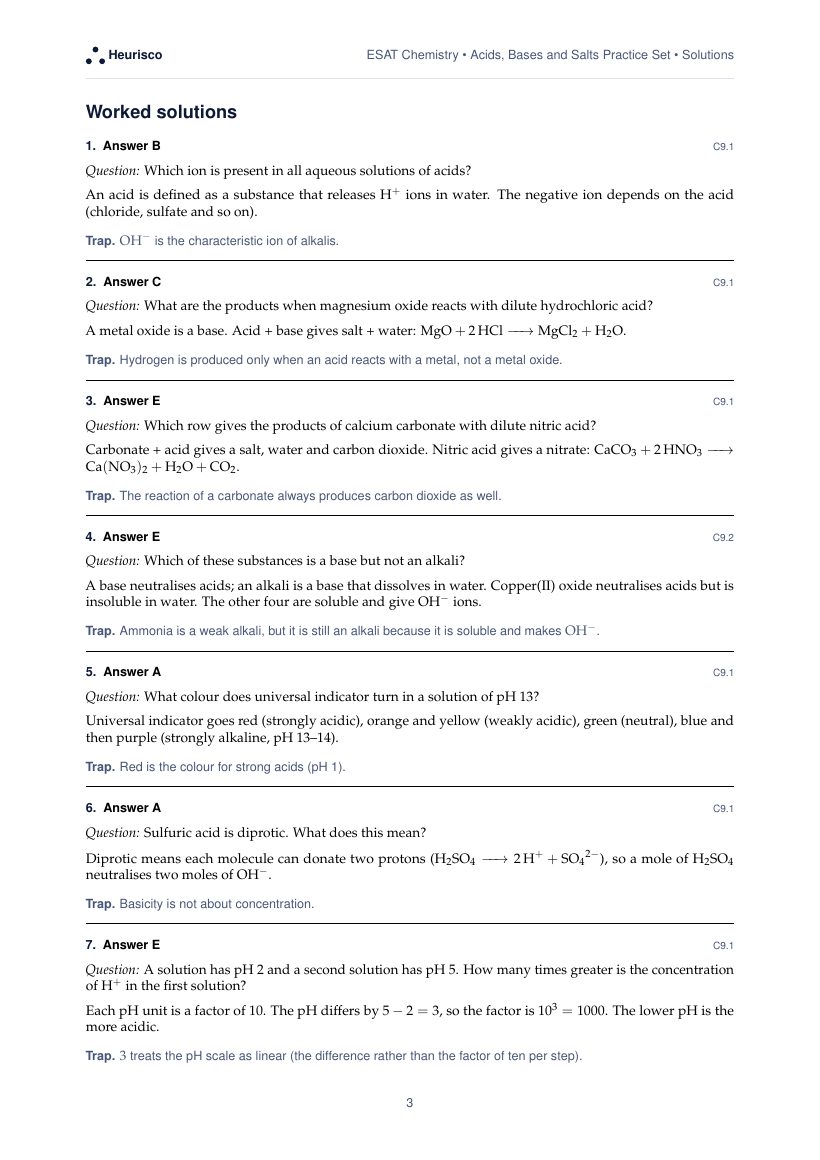 Page 3 of the worked solutions for ESAT Chemistry: Acids, bases and salts: the answer, a step-by-step solution and the trap for each question.