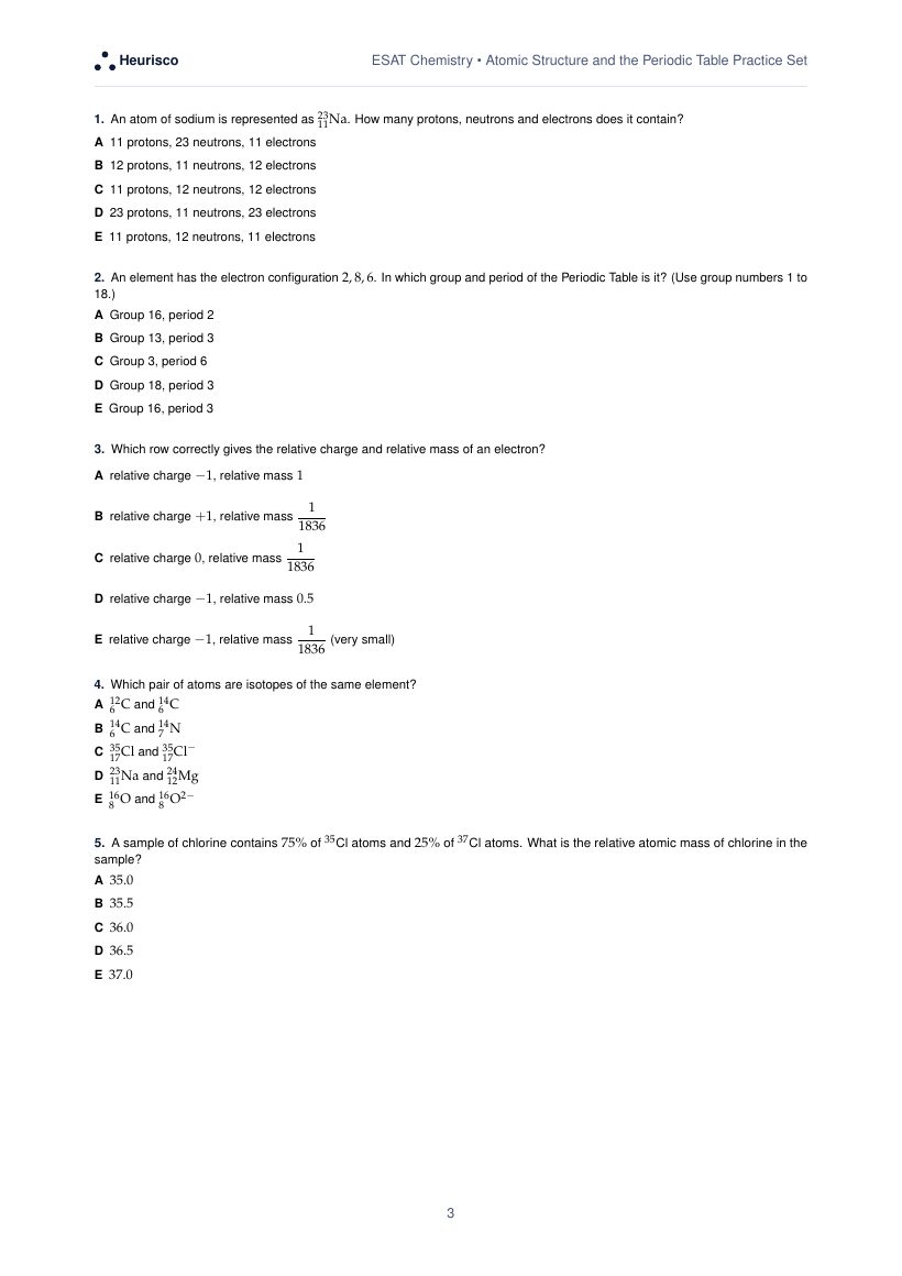 Page 3 of the question paper for ESAT Chemistry: Atomic structure and the Periodic Table: the first questions, laid out as in the real test.