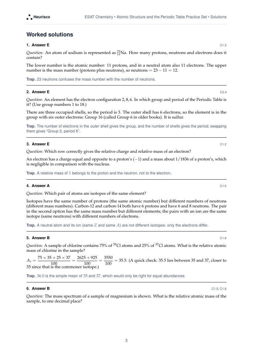 Page 3 of the worked solutions for ESAT Chemistry: Atomic structure and the Periodic Table: the answer, a step-by-step solution and the trap for each question.