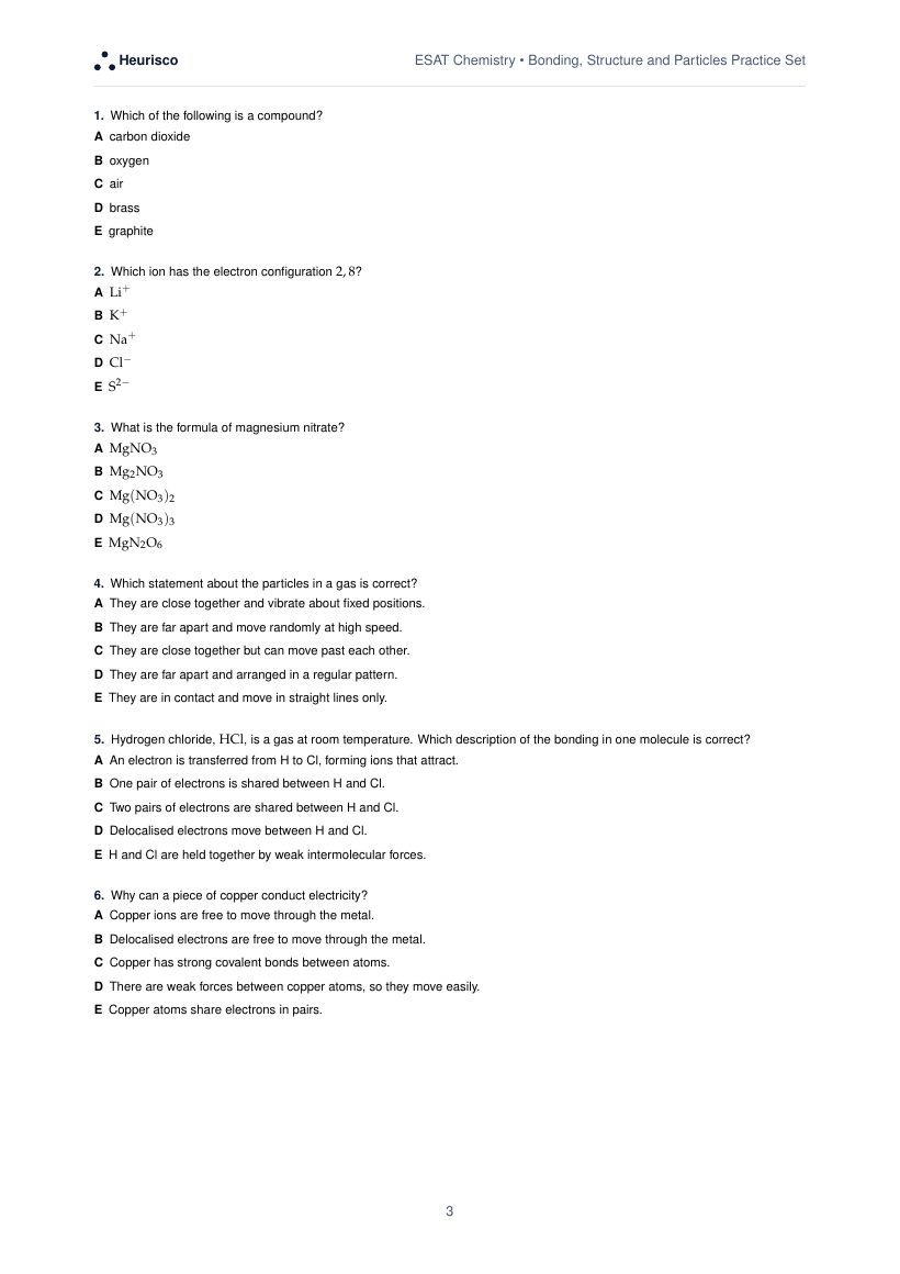 Page 3 of the question paper for ESAT Chemistry: Bonding, structure and particles: the first questions, laid out as in the real test.