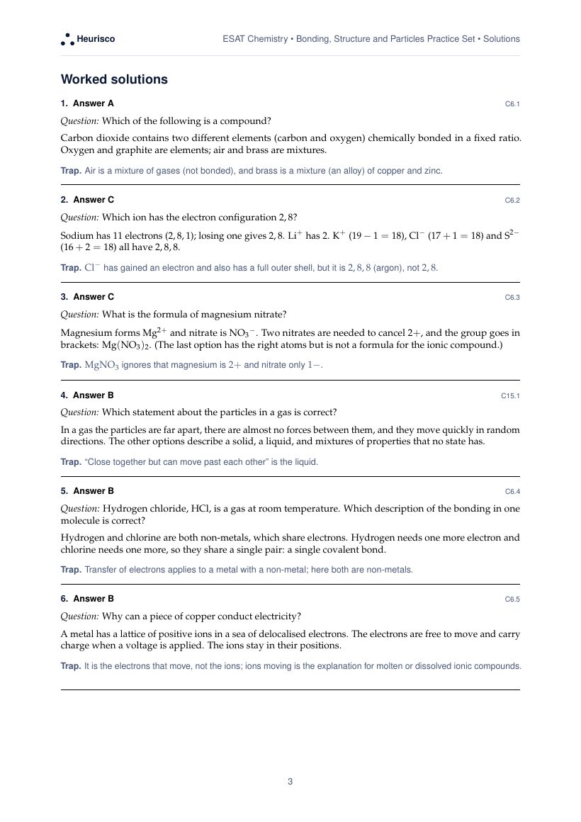 Page 3 of the worked solutions for ESAT Chemistry: Bonding, structure and particles: the answer, a step-by-step solution and the trap for each question.
