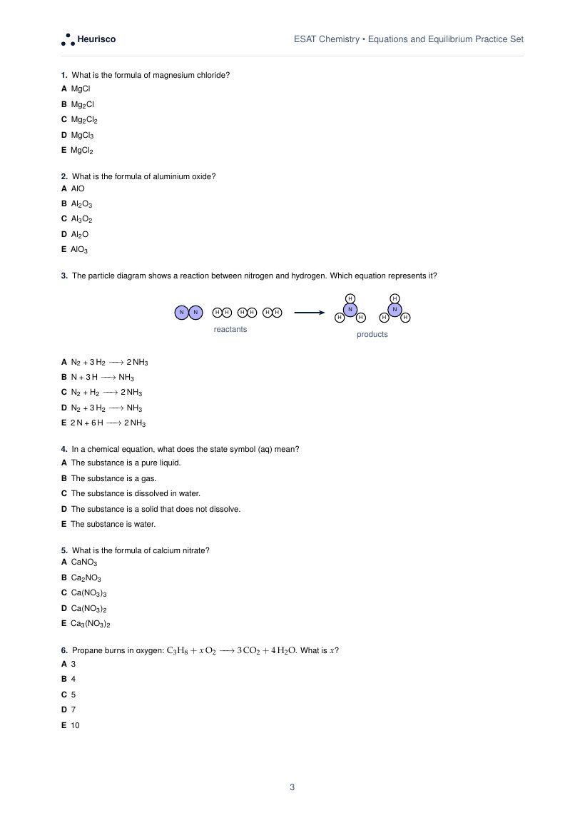 Page 3 of the question paper for ESAT Chemistry: Equations and equilibrium: the first questions, laid out as in the real test.