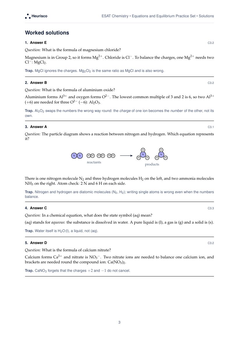Page 3 of the worked solutions for ESAT Chemistry: Equations and equilibrium: the answer, a step-by-step solution and the trap for each question.