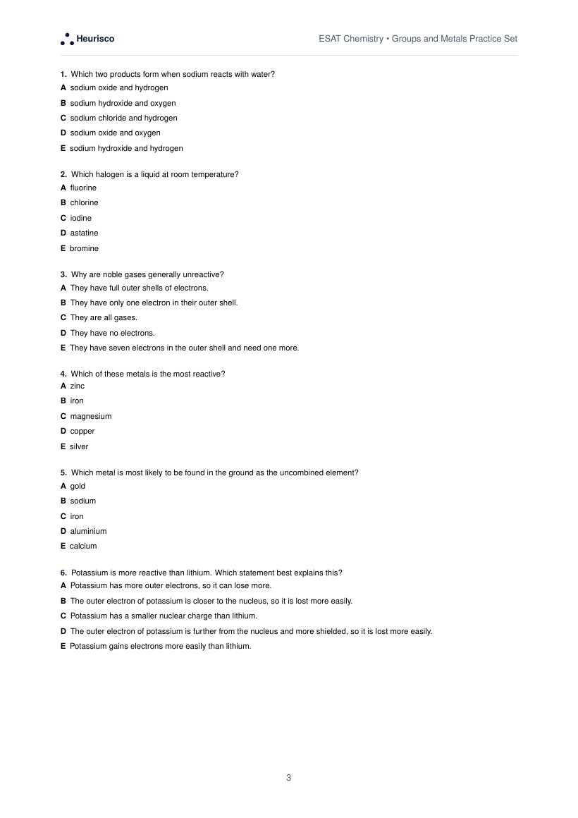 Page 3 of the question paper for ESAT Chemistry: Groups and metals: the first questions, laid out as in the real test.