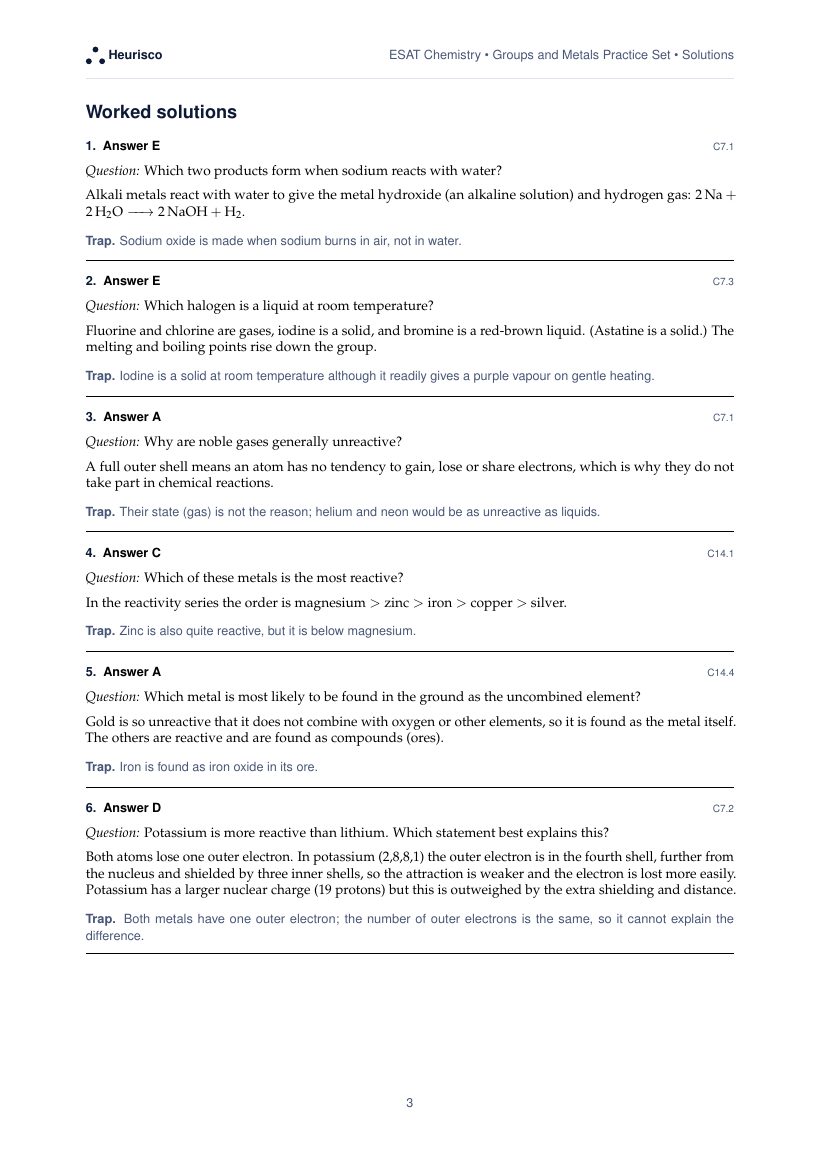 Page 3 of the worked solutions for ESAT Chemistry: Groups and metals: the answer, a step-by-step solution and the trap for each question.
