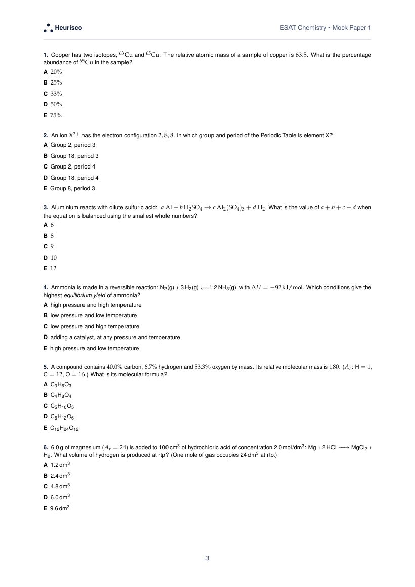 Page 3 of the question paper for ESAT Chemistry: Mock Paper 1: the first questions, laid out as in the real test.