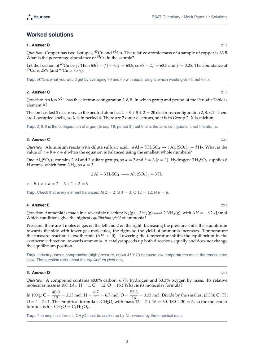 Page 3 of the worked solutions for ESAT Chemistry: Mock Paper 1: the answer, a step-by-step solution and the trap for each question.