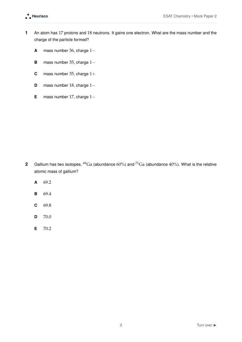 Page 3 of the question paper for ESAT Chemistry: Mock Exam 2: the first questions, laid out as in the real test.