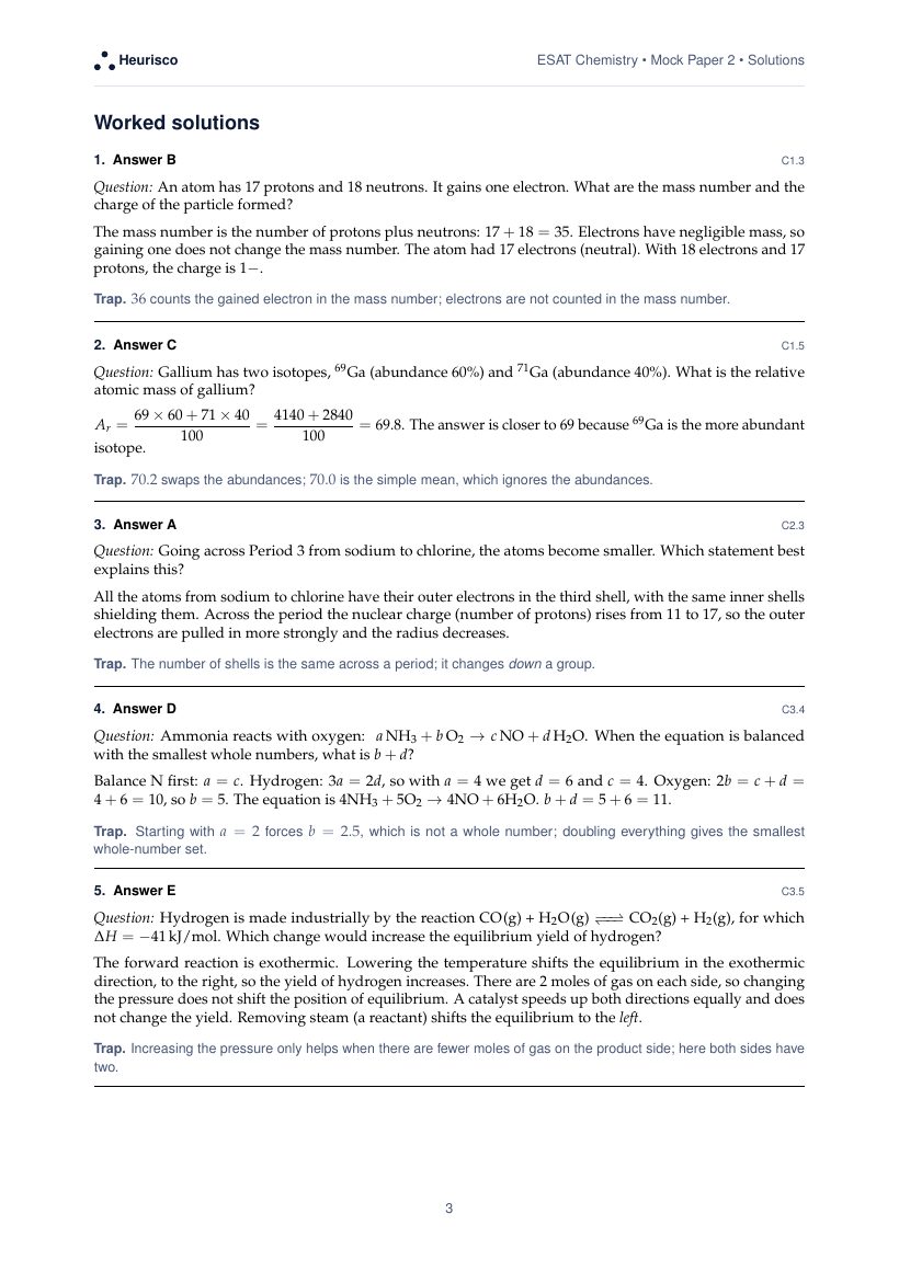 Page 3 of the worked solutions for ESAT Chemistry: Mock Exam 2: the answer, a step-by-step solution and the trap for each question.