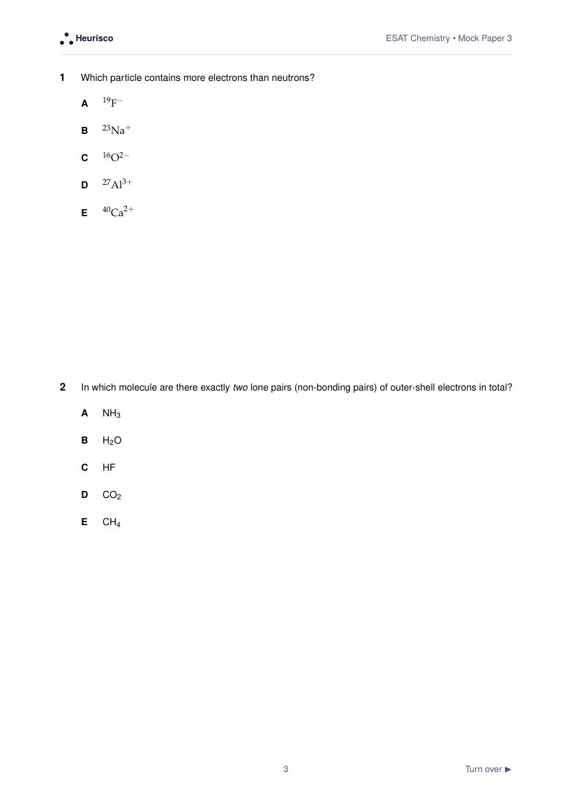 Page 3 of the question paper for ESAT Chemistry: Mock Exam 3: the first questions, laid out as in the real test.