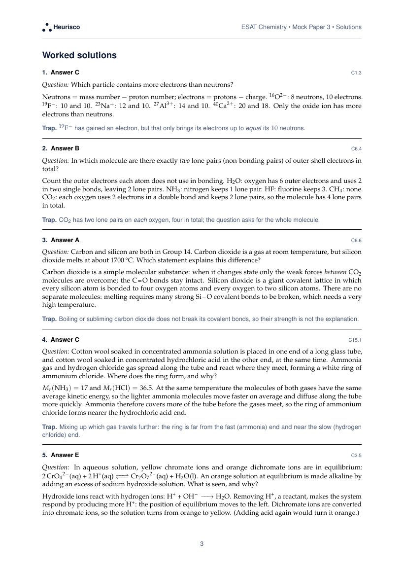 Page 3 of the worked solutions for ESAT Chemistry: Mock Exam 3: the answer, a step-by-step solution and the trap for each question.