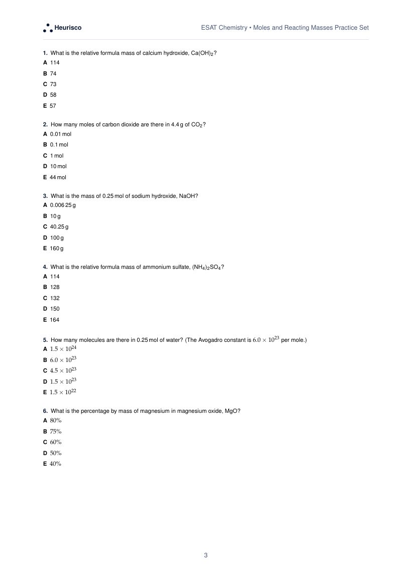 Page 3 of the question paper for ESAT Chemistry: Moles and reacting masses: the first questions, laid out as in the real test.