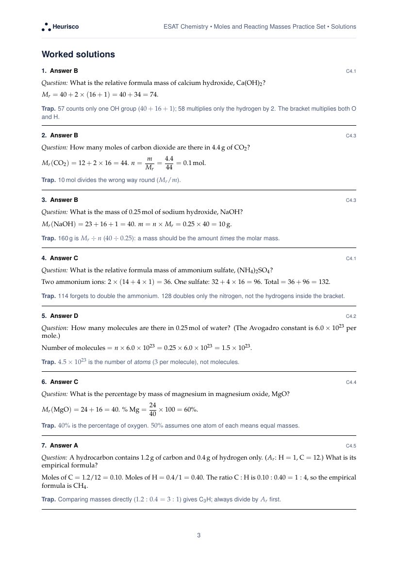 Page 3 of the worked solutions for ESAT Chemistry: Moles and reacting masses: the answer, a step-by-step solution and the trap for each question.