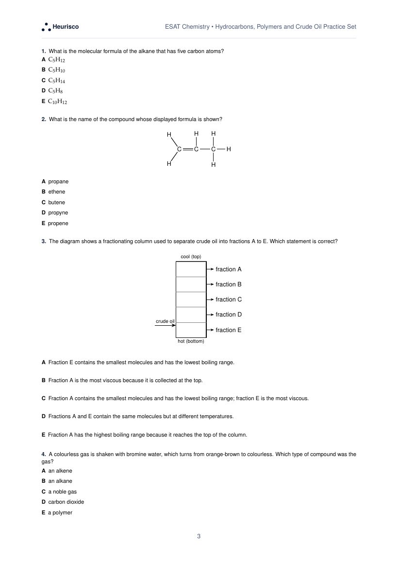 Page 3 of the question paper for ESAT Chemistry: Hydrocarbons, polymers and crude oil: the first questions, laid out as in the real test.