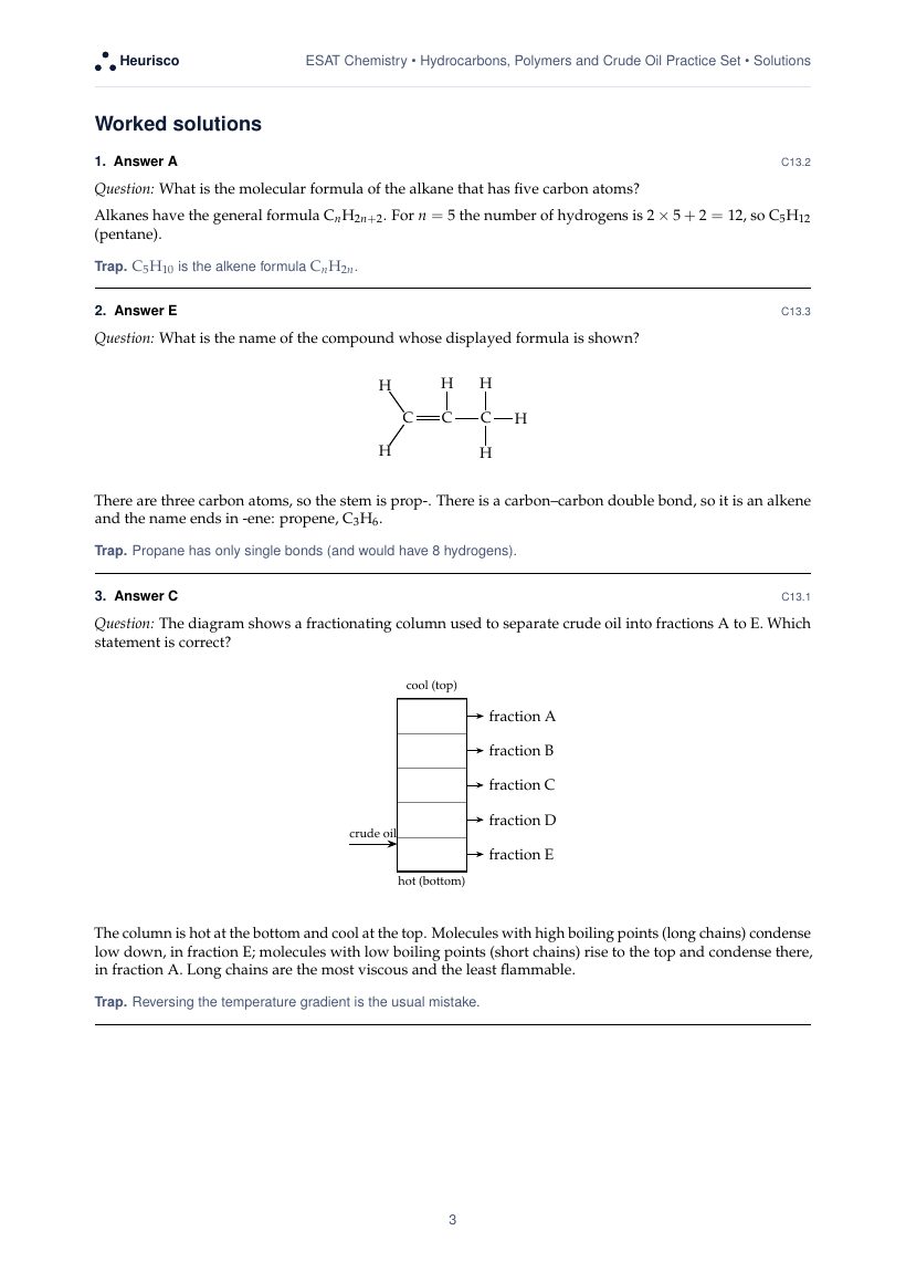 Page 3 of the worked solutions for ESAT Chemistry: Hydrocarbons, polymers and crude oil: the answer, a step-by-step solution and the trap for each question.