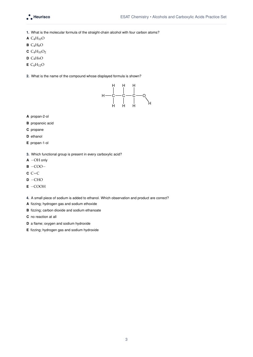 Page 3 of the question paper for ESAT Chemistry: Alcohols and carboxylic acids: the first questions, laid out as in the real test.