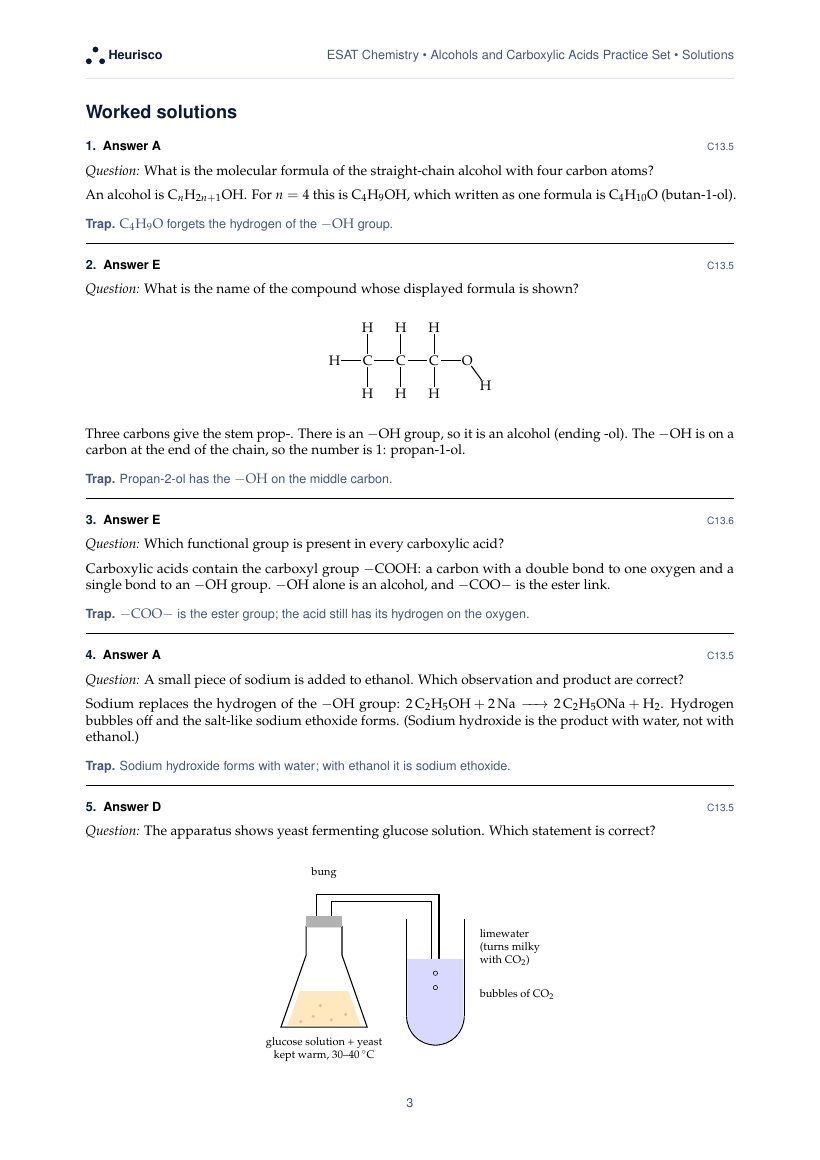 Page 3 of the worked solutions for ESAT Chemistry: Alcohols and carboxylic acids: the answer, a step-by-step solution and the trap for each question.