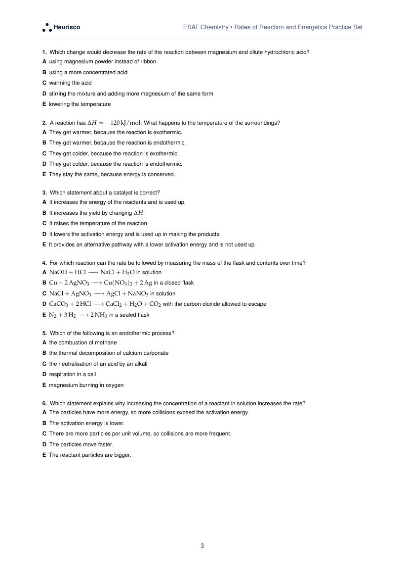 Page 3 of the question paper for ESAT Chemistry: Rates of reaction and energetics: the first questions, laid out as in the real test.