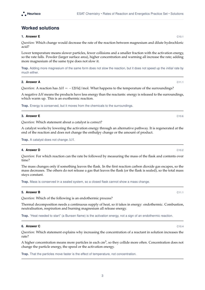 Page 3 of the worked solutions for ESAT Chemistry: Rates of reaction and energetics: the answer, a step-by-step solution and the trap for each question.